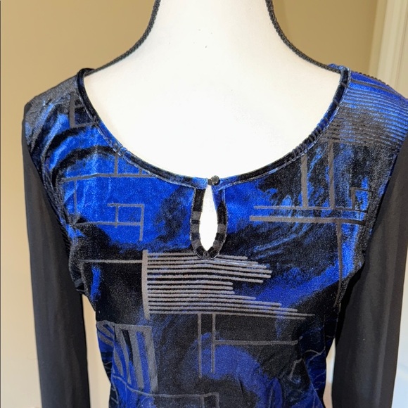 Edit by Jeanne Beker Sweater Velour Sheer Black Blue Geometric Crew Neck Sz M - Picture 3 of 11